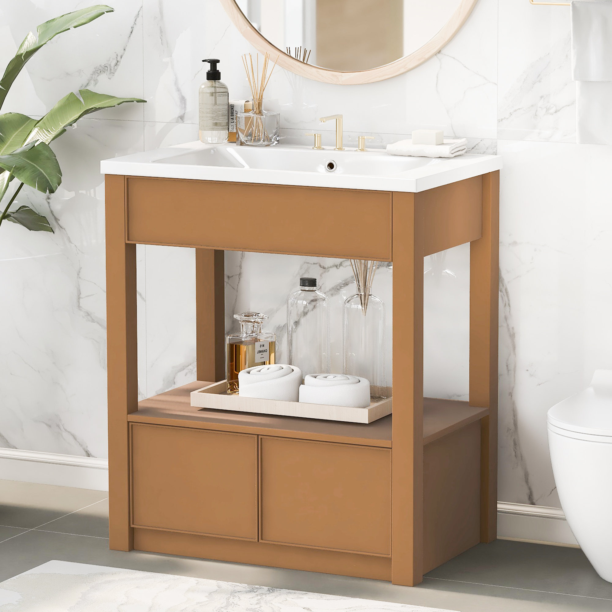 Ebern Designs Brown Single Bathroom Vanity with Ceramic Sink Top,Open Storage Shelf and Two ...
